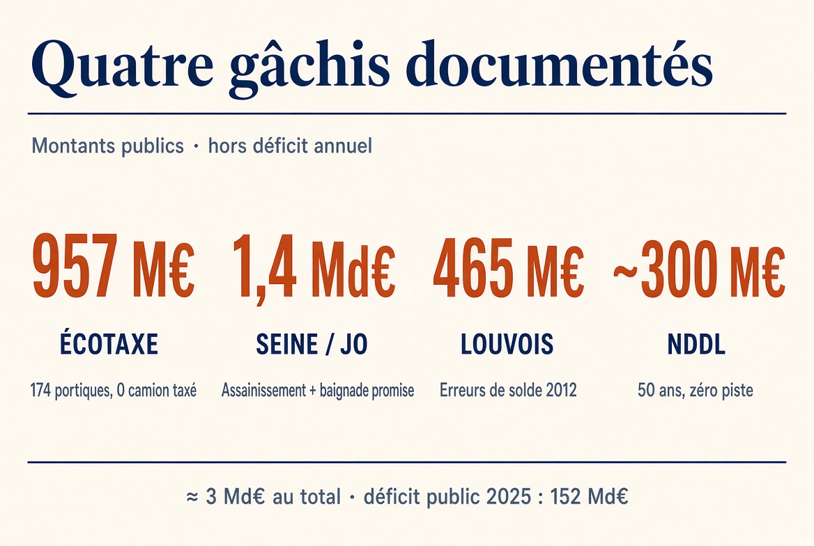 Quatre gâchis documentés : écotaxe 957 M€, Seine 1,4 Md€, Louvois 465 M€, NDDL ~300 M€.